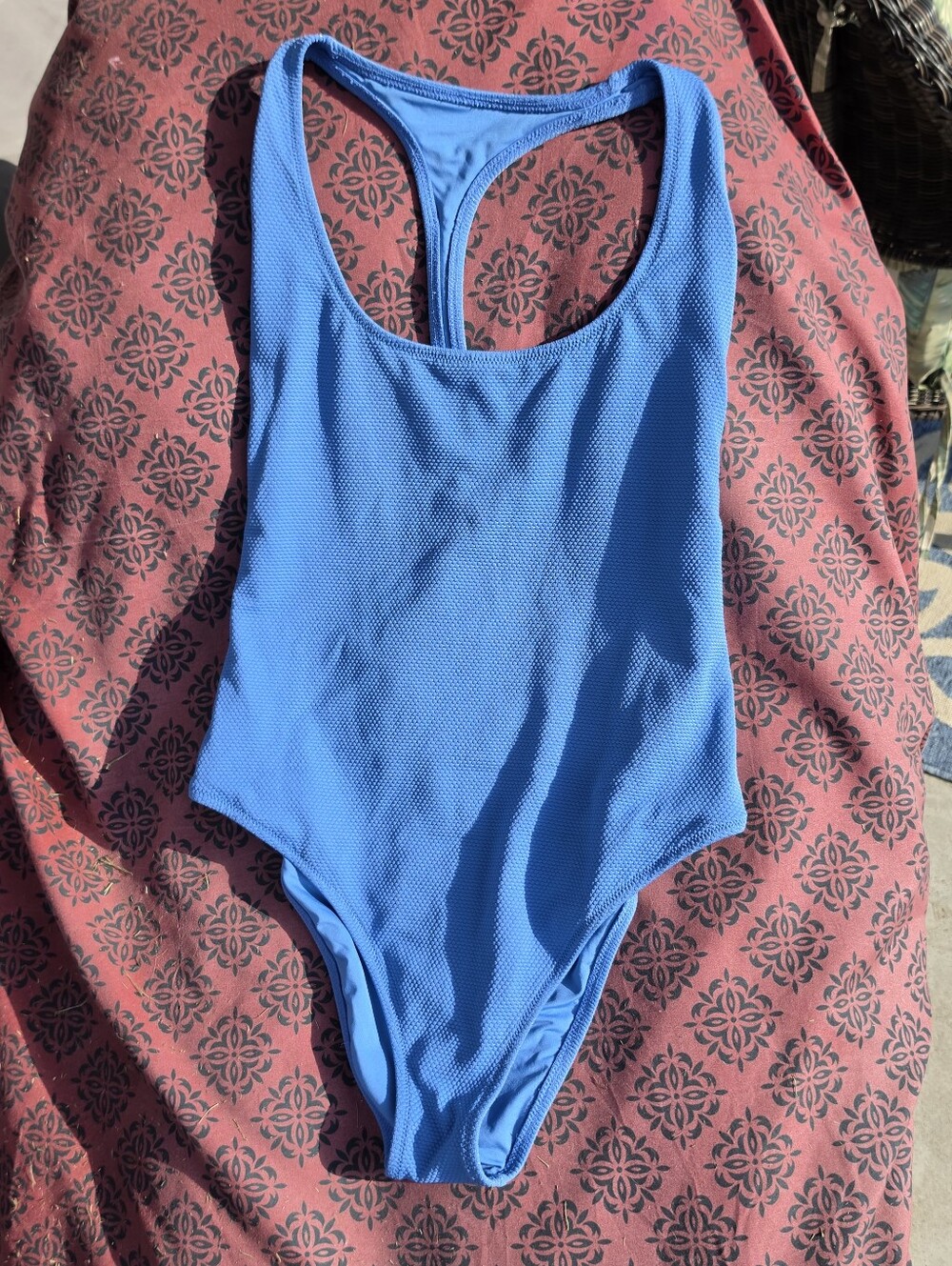 Aerie Textured Racerback High Cut Cheeky One Piece Swimsuit Roma Blue Large